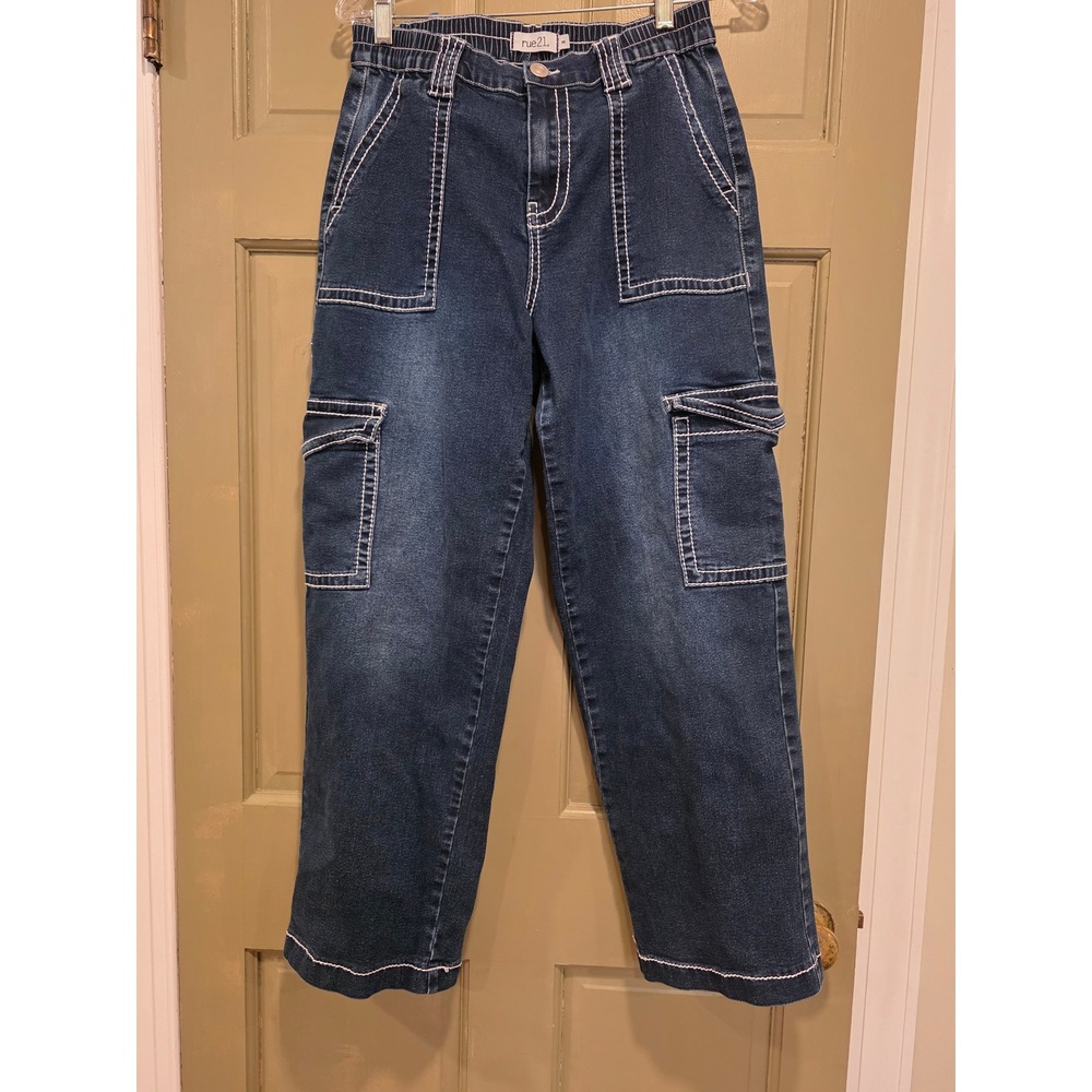 rue21 Dark Wash Denim Cargo Jeans Contrast Stitch Utility Baggy Y2K Crop M